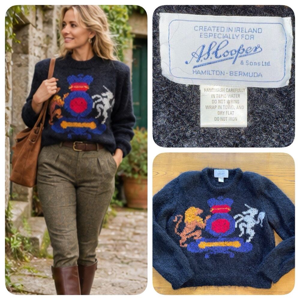 Vintage Irish Handknit Wool Sweater A.S. Cooper Lion Unicorn Herald Crest Motif